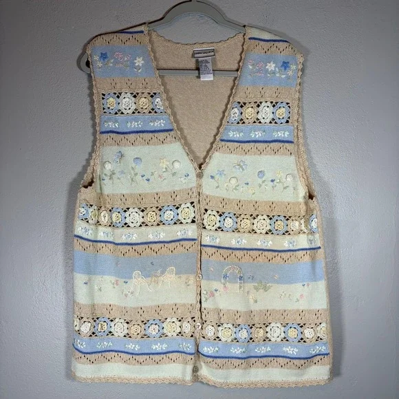 Vintage Floral Crochet Knit Button Front Vest Tan Blue MK30V92 Large grandmacore - Picture 1 of 6